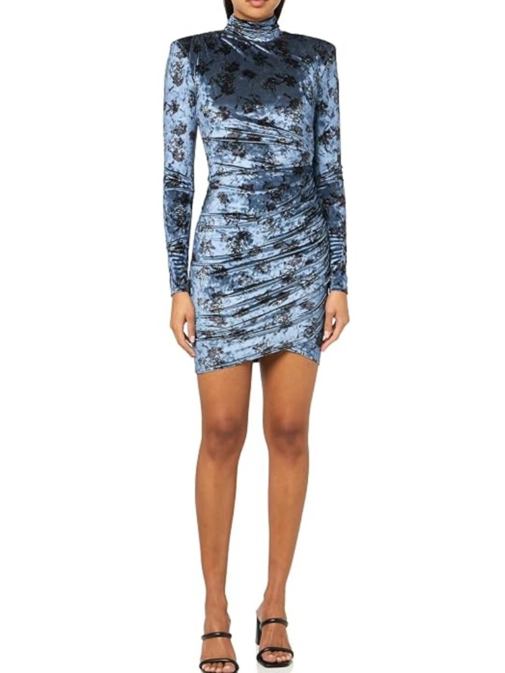 CINQ À SEPT 'Marlene' Ruched Stretch-Velvet Mini-Dress, Rustic Blue Multi
